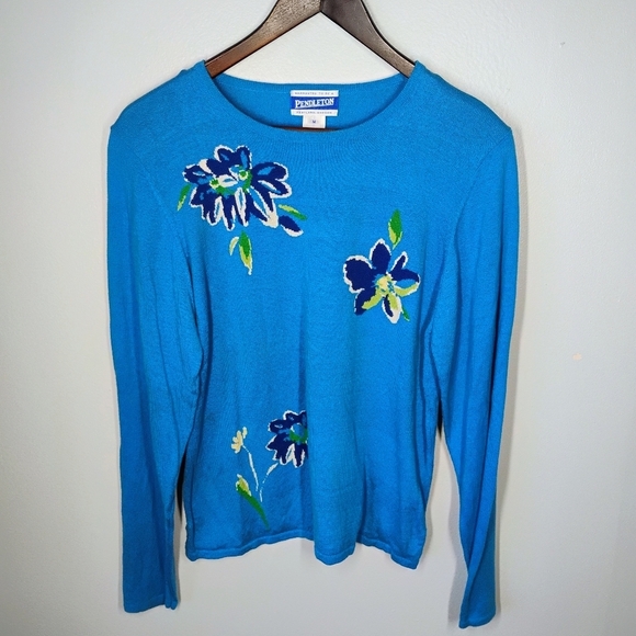 Vintage Pendleton Blue Floral Spring Sweater Crewneck Size Medium - Picture 1 of 12